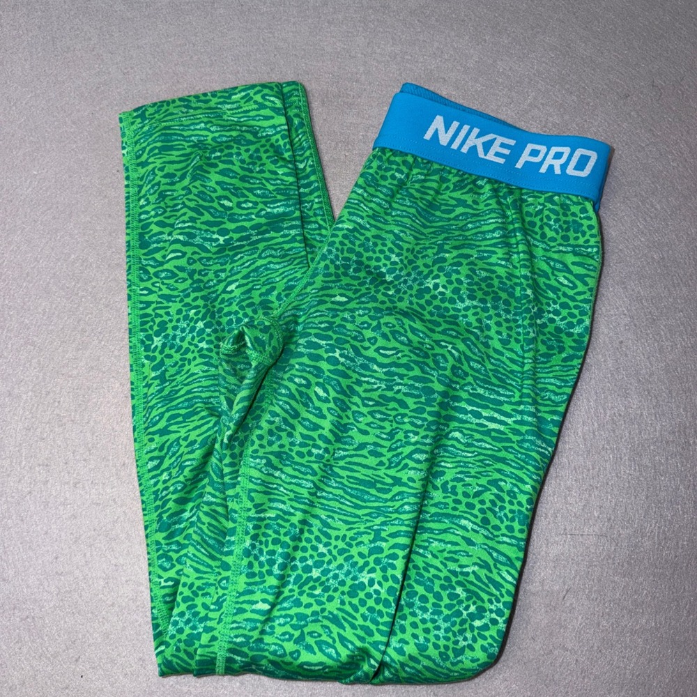 Nike Pro Leggings Women Large Green Blue Animal Print Athletic Tights Workout